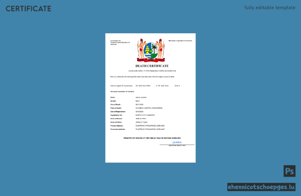 Surinamische Sterbeurkunde – Beispielansicht (Word und PDF)